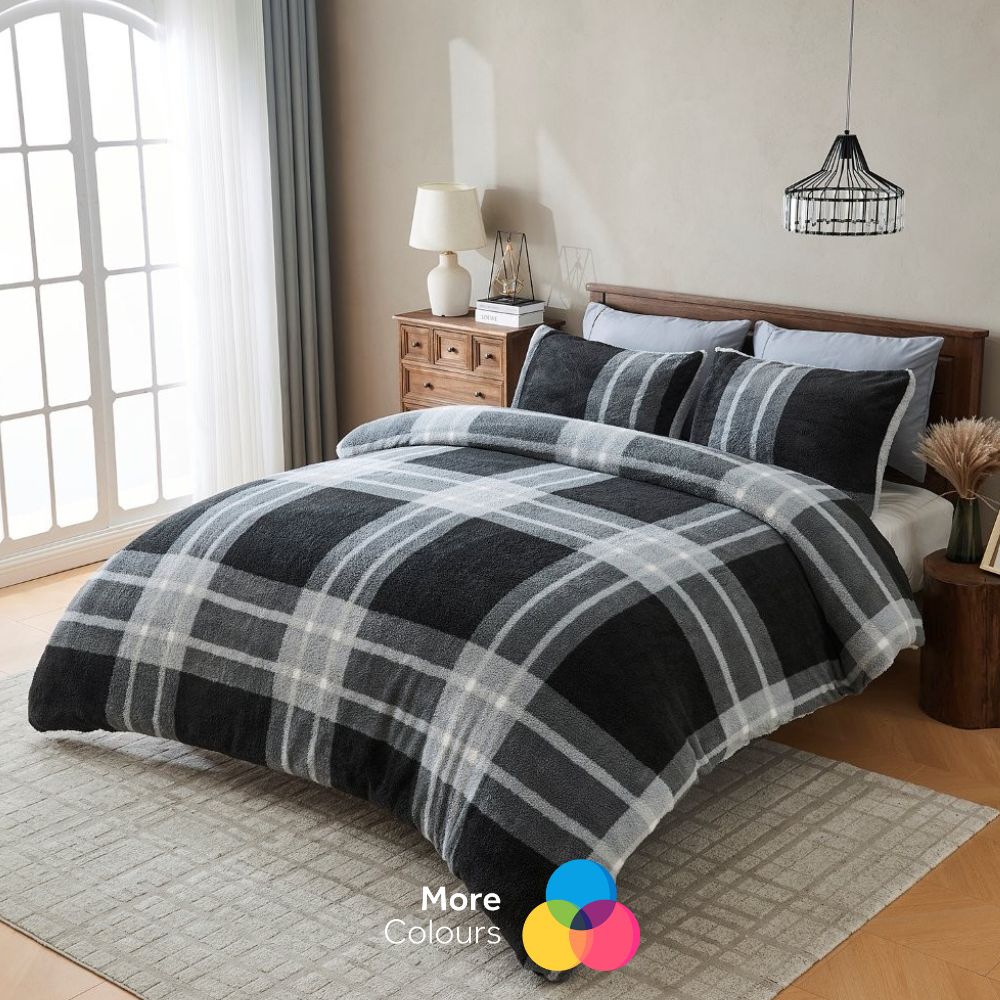 Liam Check Printed Teddy Duvet Cover Set | 6 Colours
