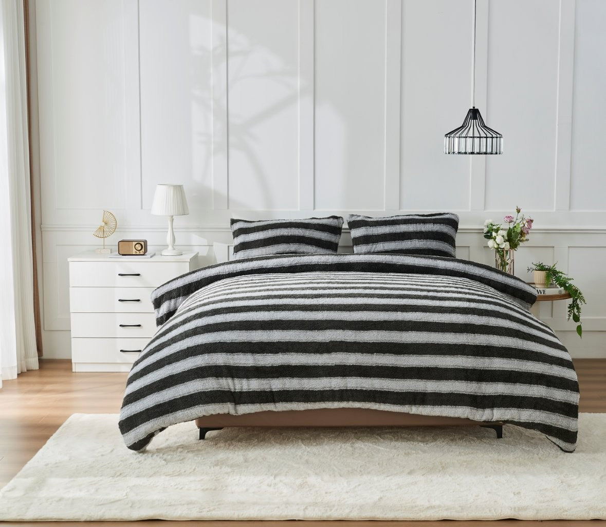 Paige Stripe Charcoal Teddy Fleece Duvet Cover Set