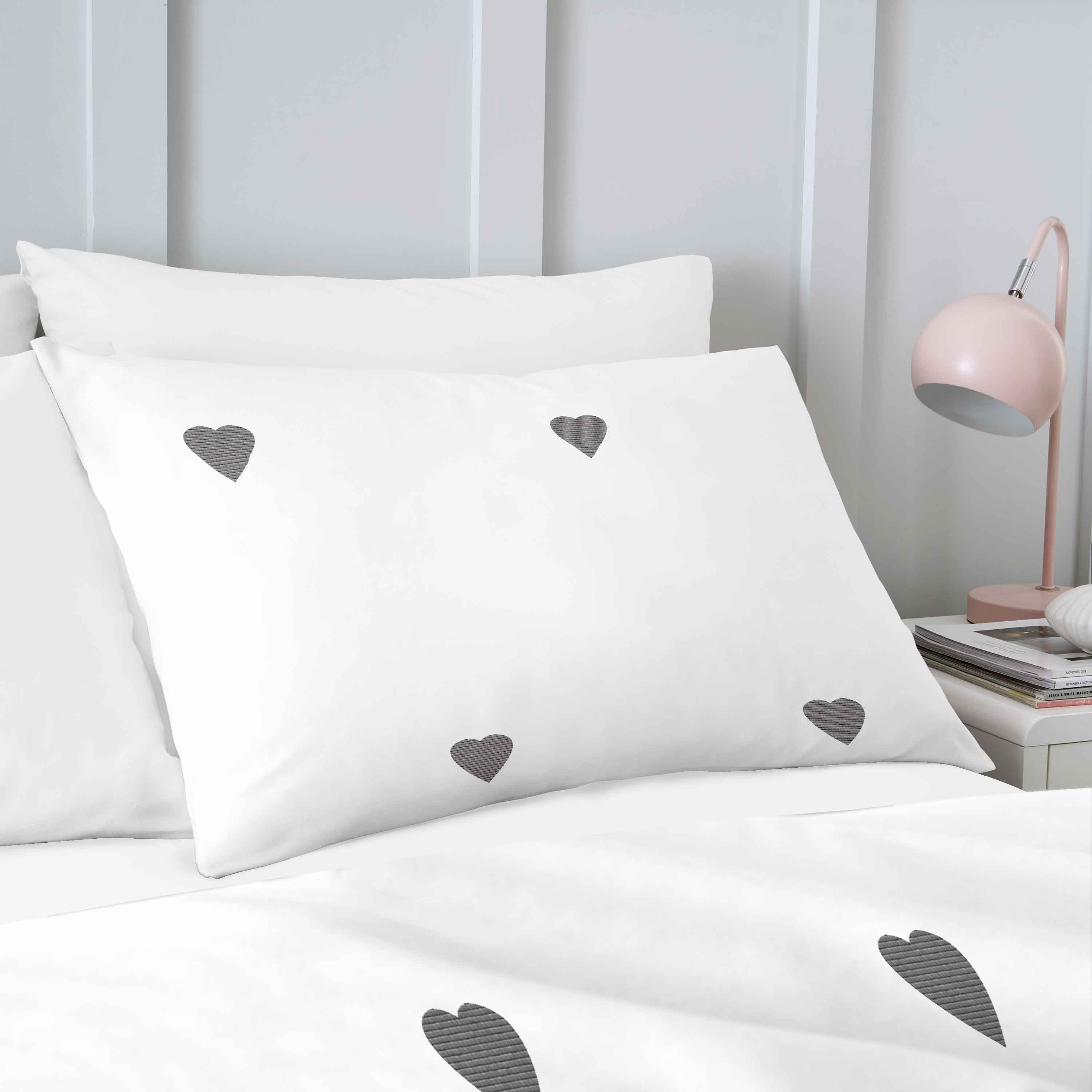 Embroidered Hearts Duvet Cover Set | White/Charcoal