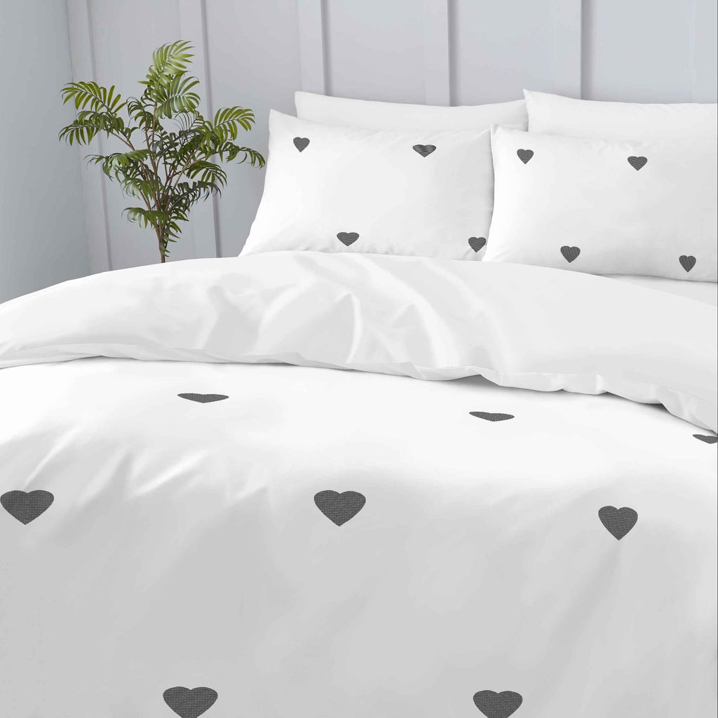 Embroidered Hearts Duvet Cover Set | White/Charcoal
