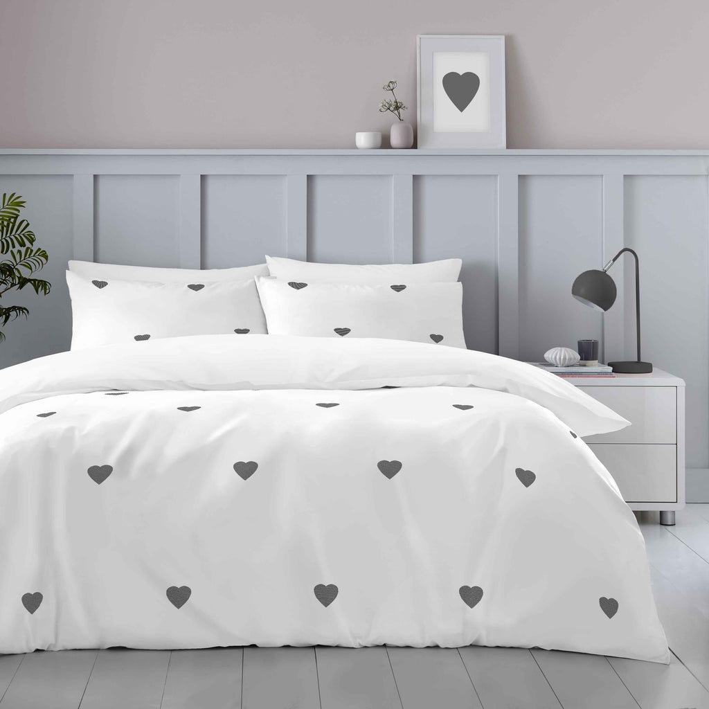 Embroidered Hearts Duvet Cover Set | White/Charcoal
