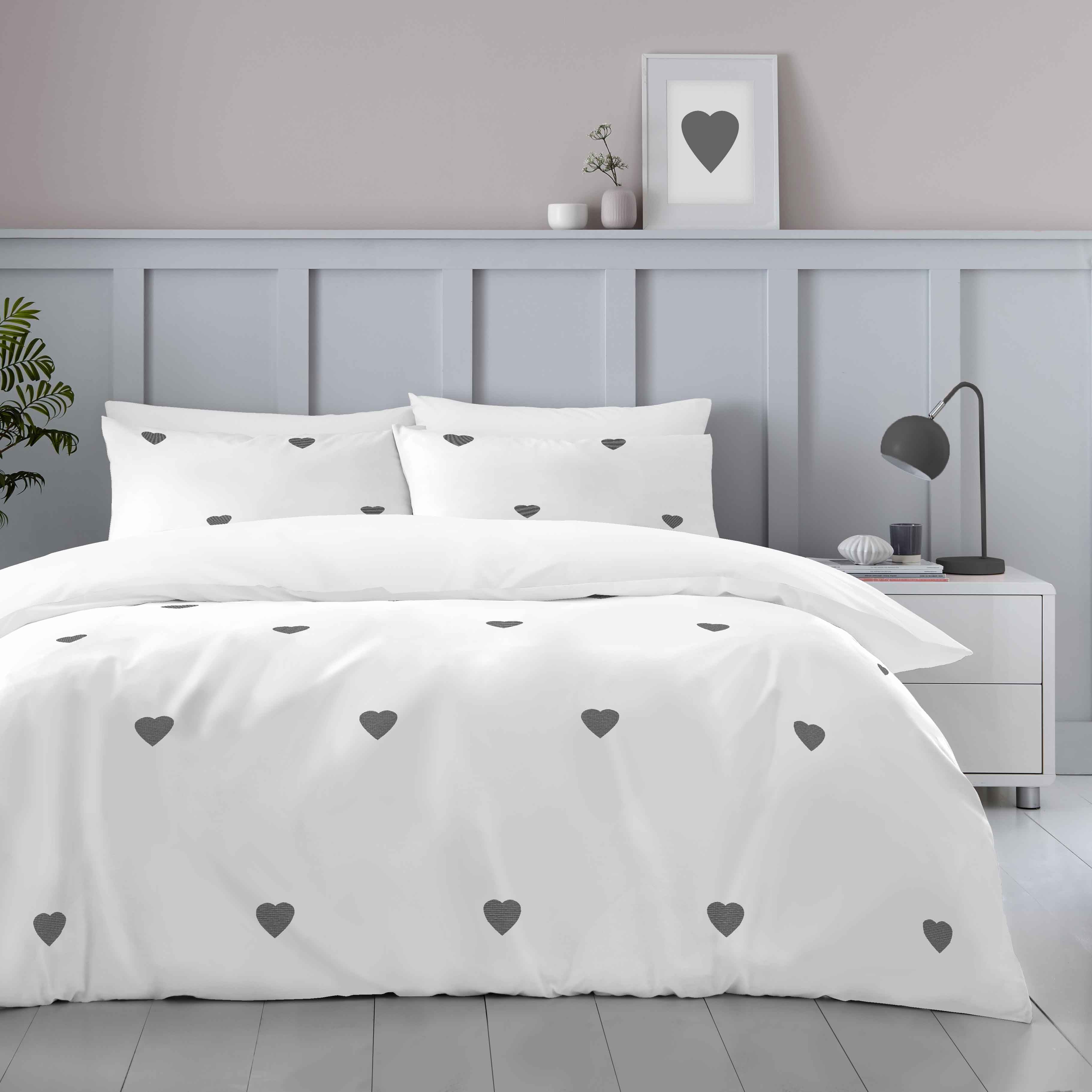 Embroidered Hearts Duvet Cover Set | White/Charcoal