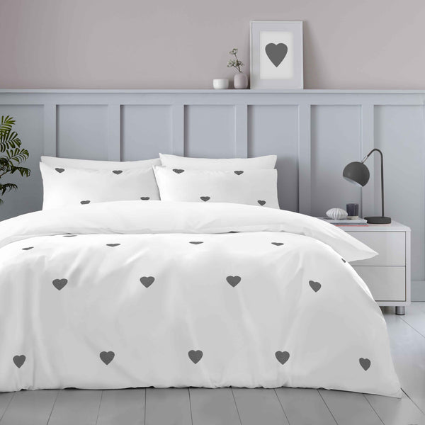 Embroidered Hearts Duvet Cover Set | White/Charcoal