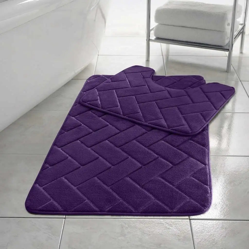 Blocks memory foam bath mat set plum