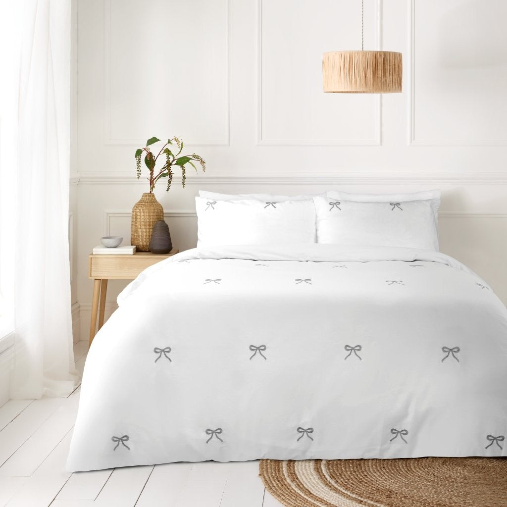 Bows Embroidered Duvet Cover Set | Grey & Pink