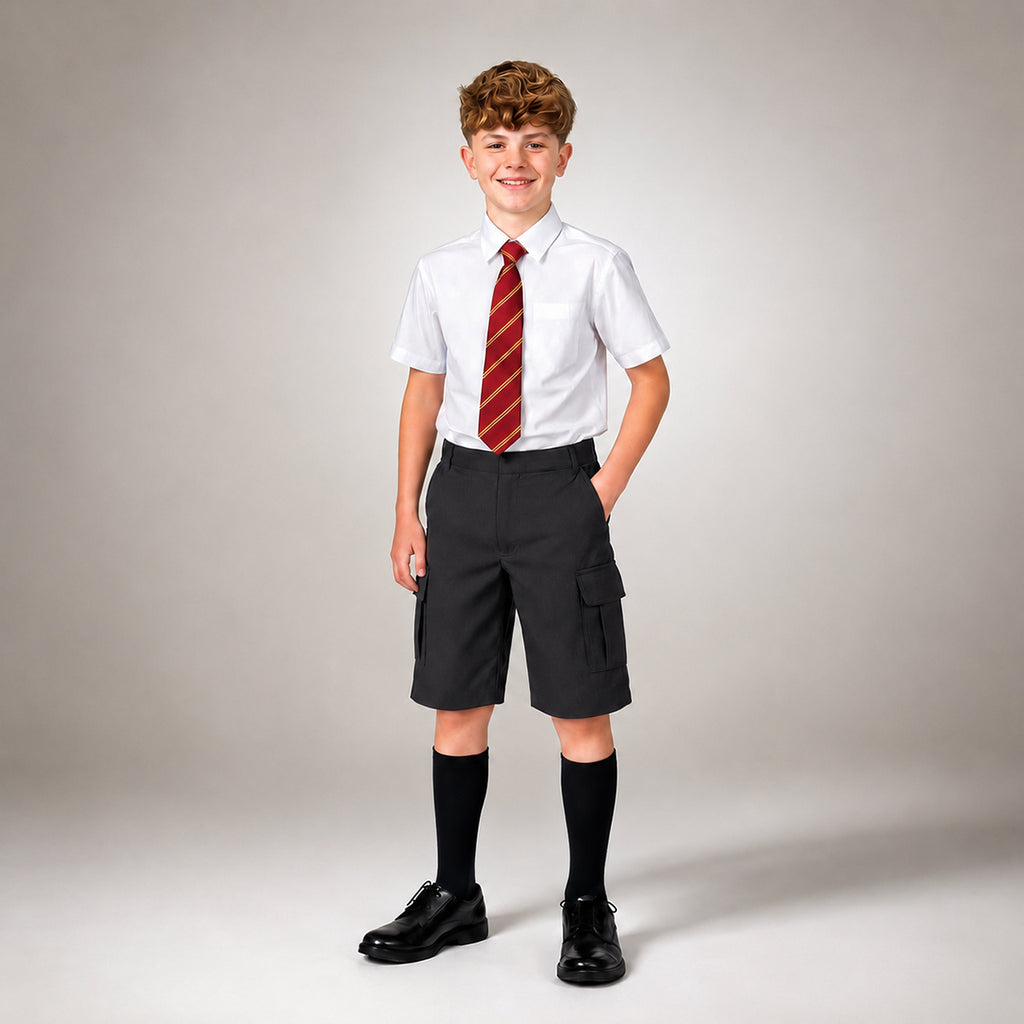 Black Adjustable Waist Cargo School Shorts | Zip & Clip