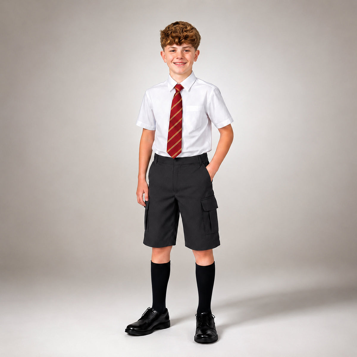 Black Adjustable Waist Cargo School Shorts | Zip & Clip