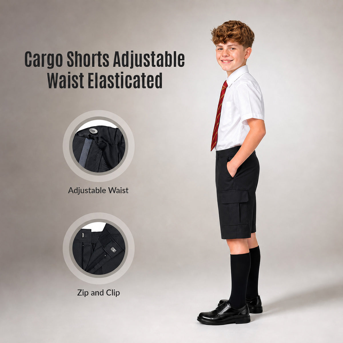 Pack of 2 Black Adjustable Waist Cargo Shorts | Zip & Clip