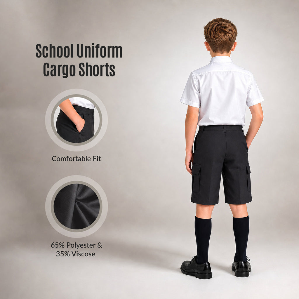 Black Adjustable Waist Cargo School Shorts | Zip & Clip
