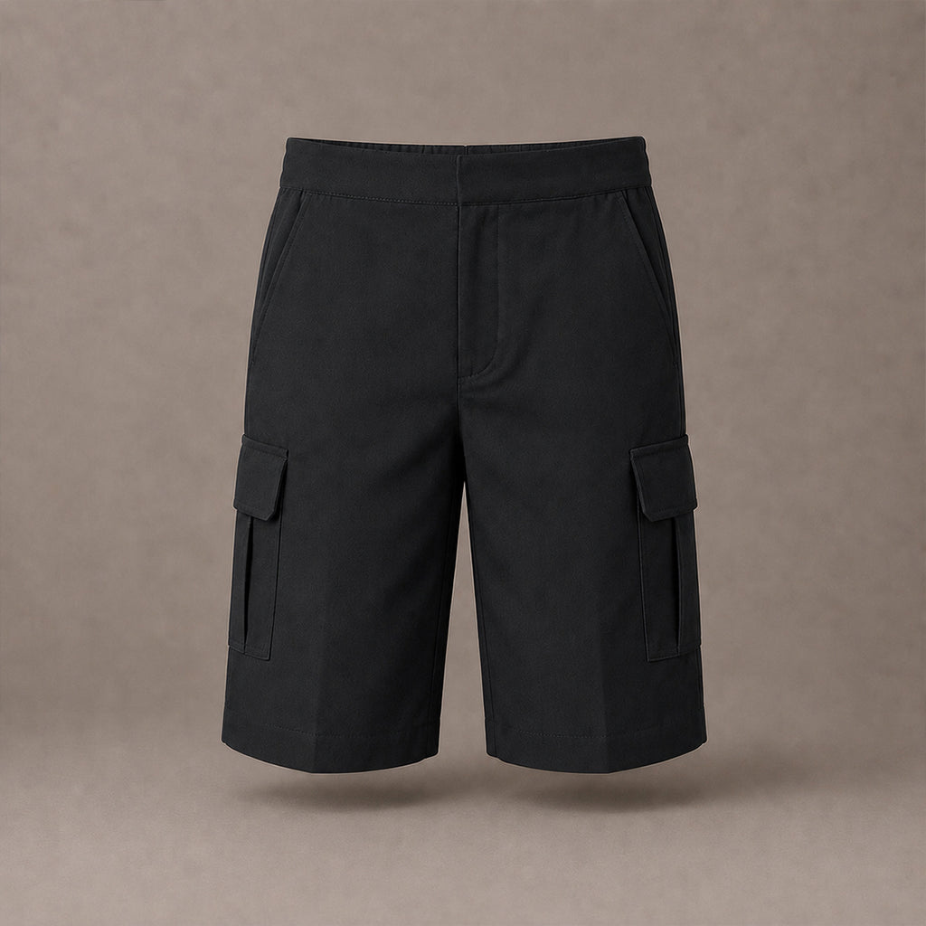 Black Adjustable Waist Cargo School Shorts | Zip & Clip