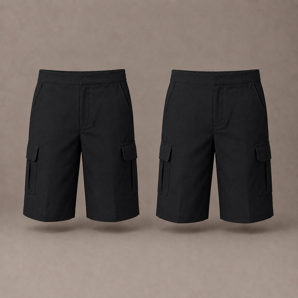 Pack of 2 Black Adjustable Waist Pull Up Cargo Shorts