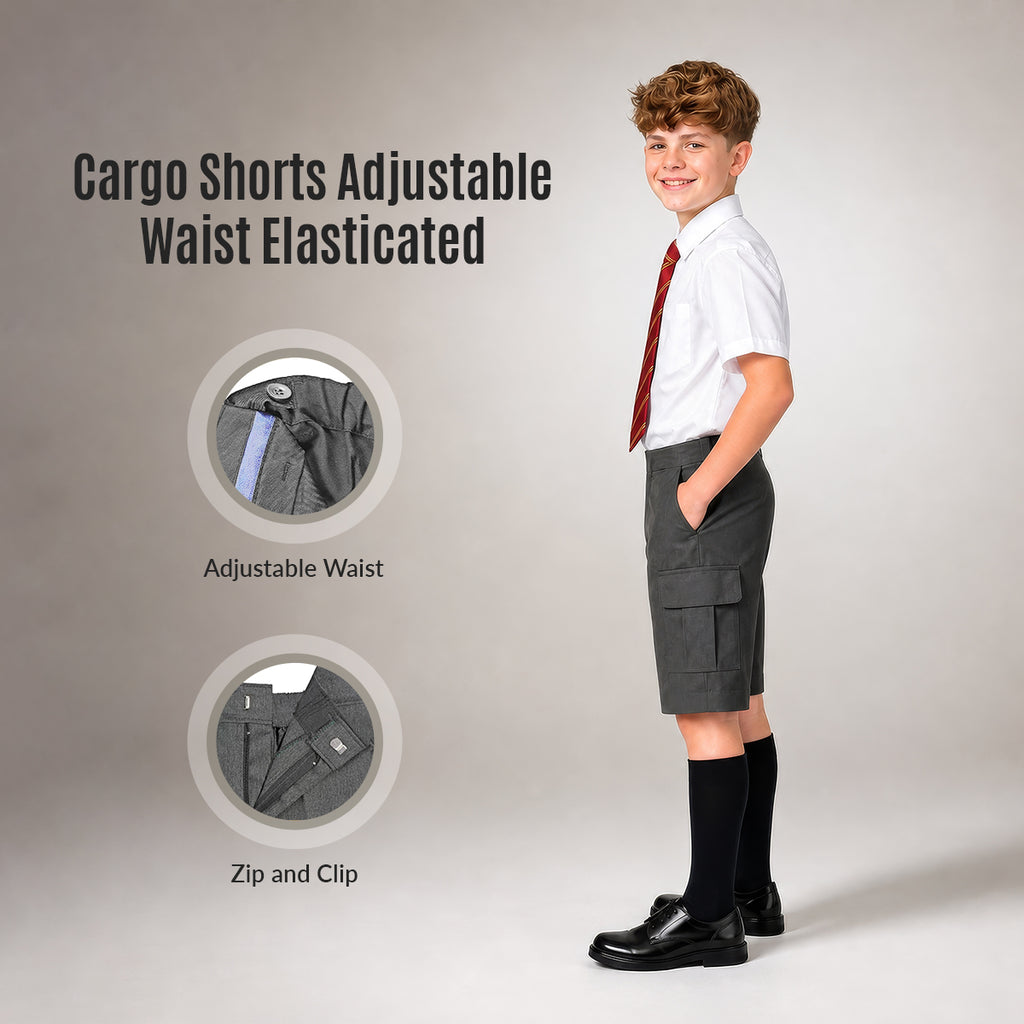 Grey Adjustable Waist Cargo School Shorts | Zip & Clip