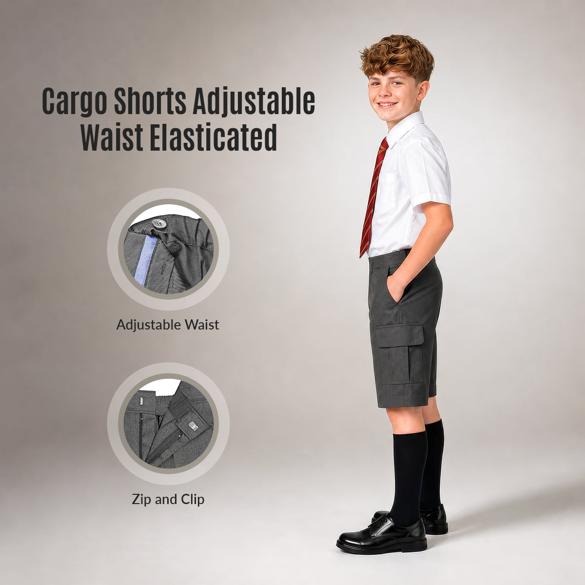 Pack of 2 Grey Adjustable Waist Cargo Shorts | Zip & Clip