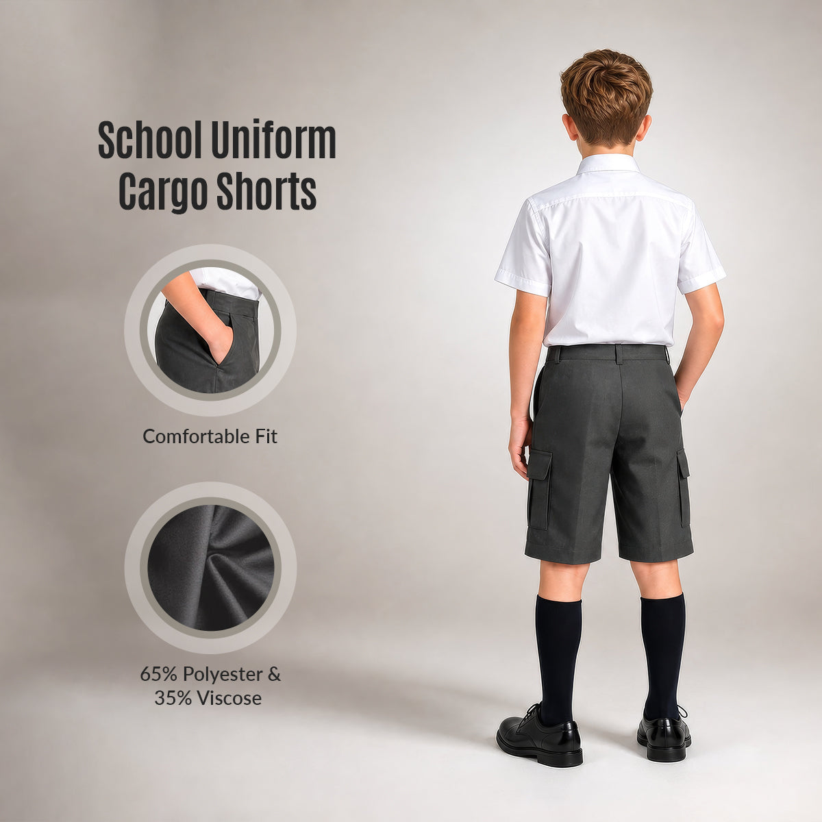 Grey Adjustable Waist Cargo School Shorts | Zip & Clip