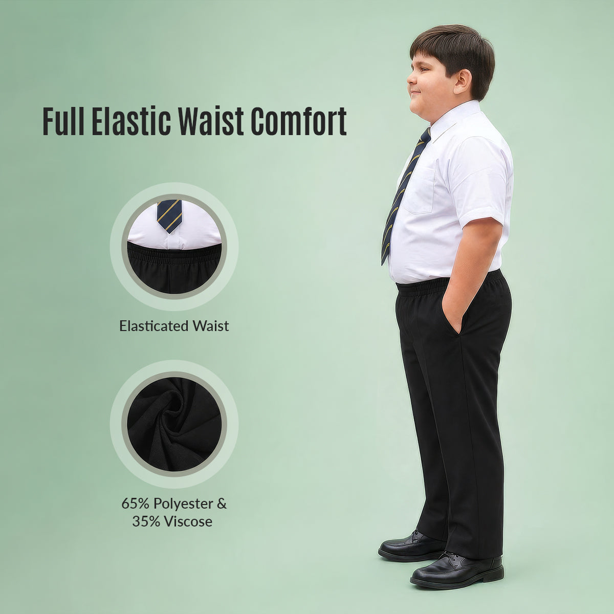 Pack of 2 Black Plus Size Full Elastic Boys School Trousers
