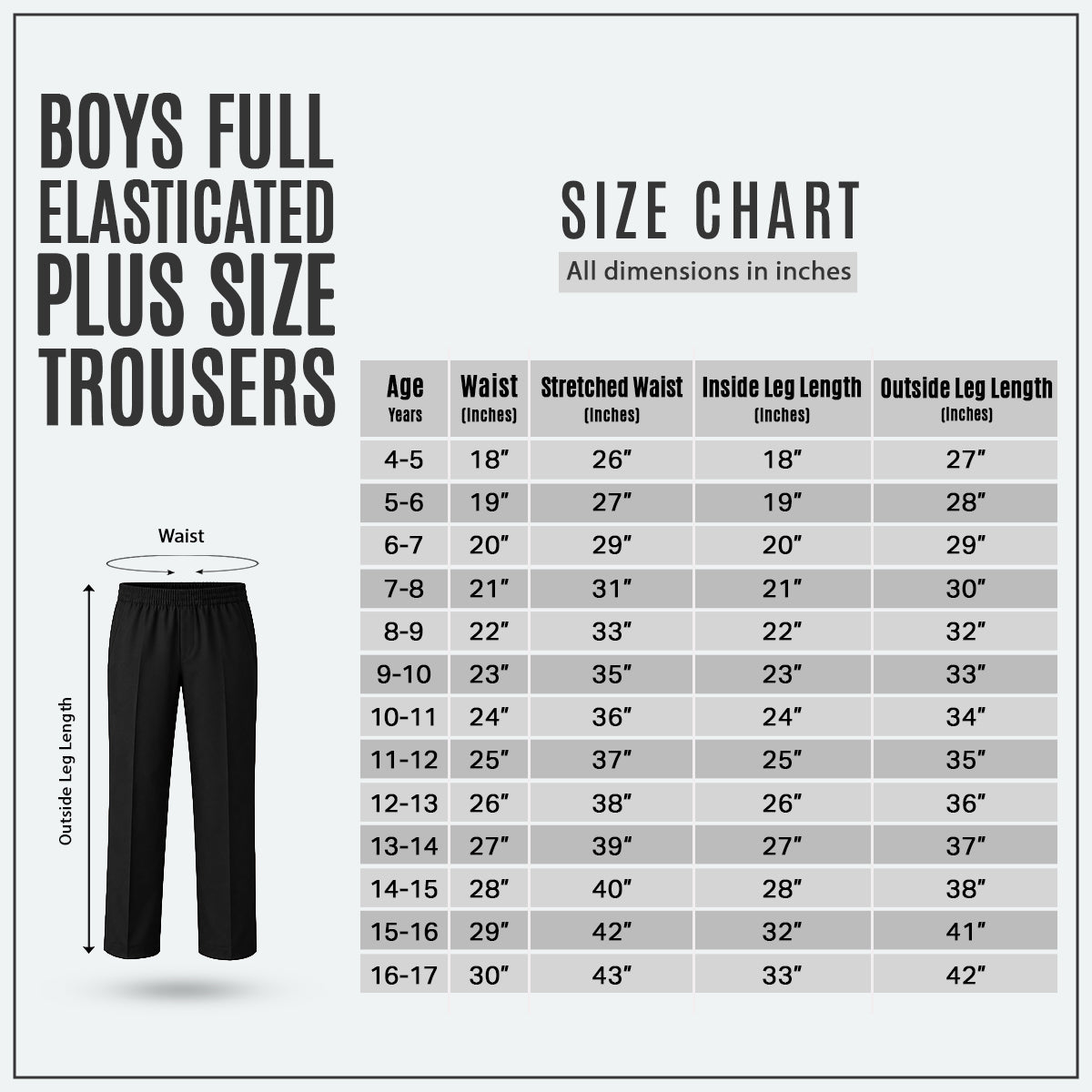 Pack of 2 Black Plus Size Full Elastic Boys School Trousers