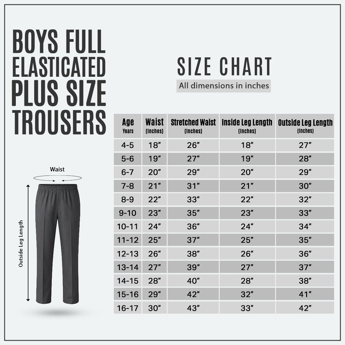 Grey Plus Size Full Elastic Boys School Trouser