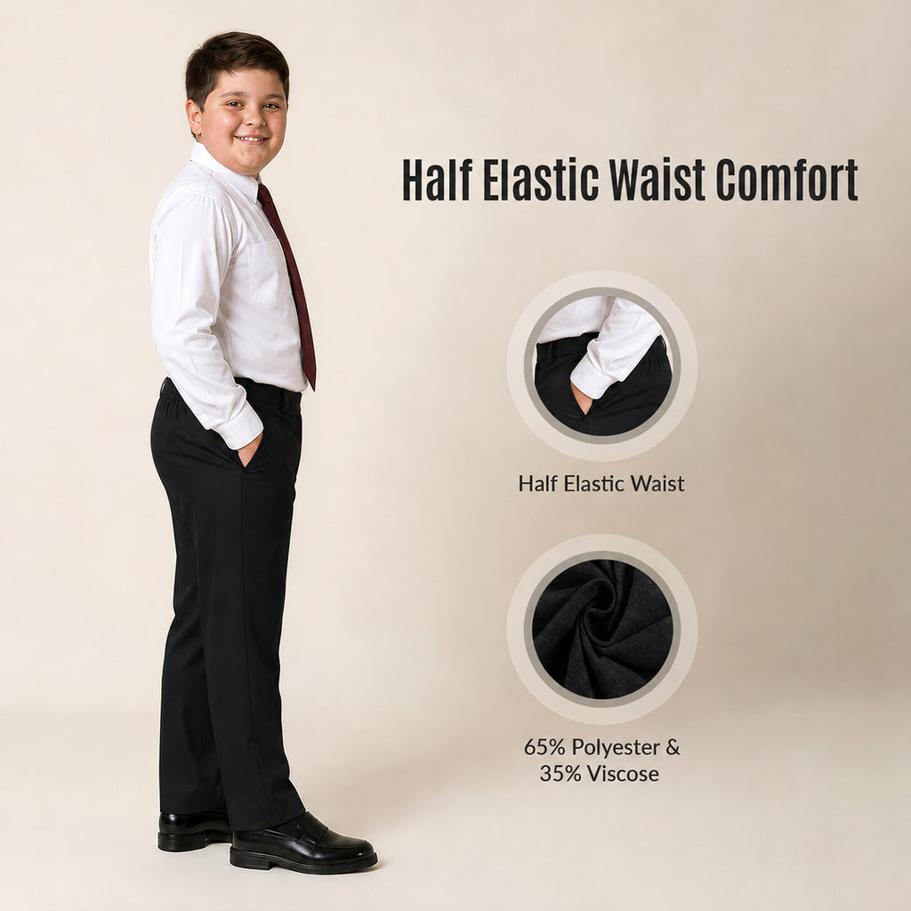 Black Plus Size Half Elastic Pull Up Boys School Trouser