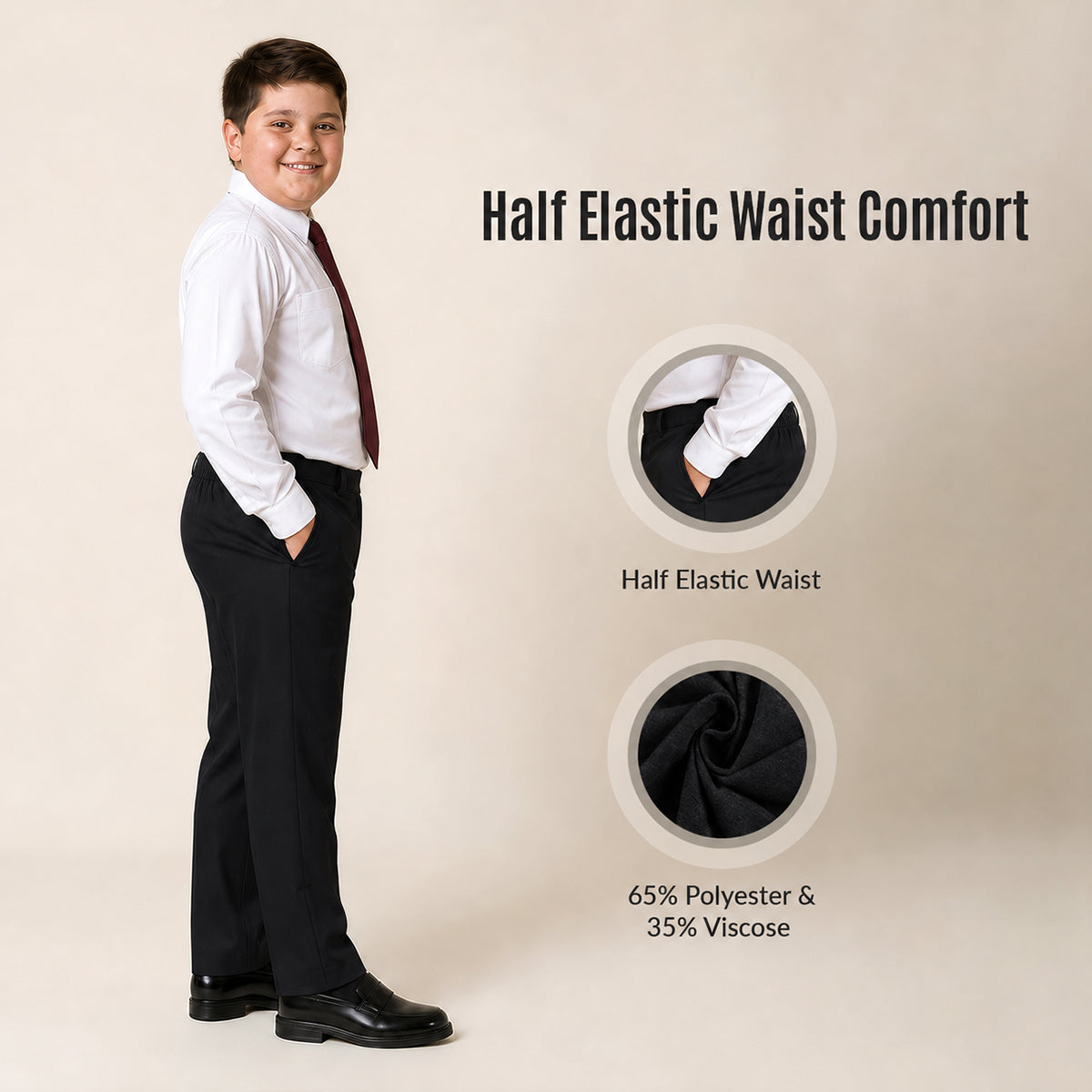 Black Plus Size Half Elastic Pull Up Boys School Trouser