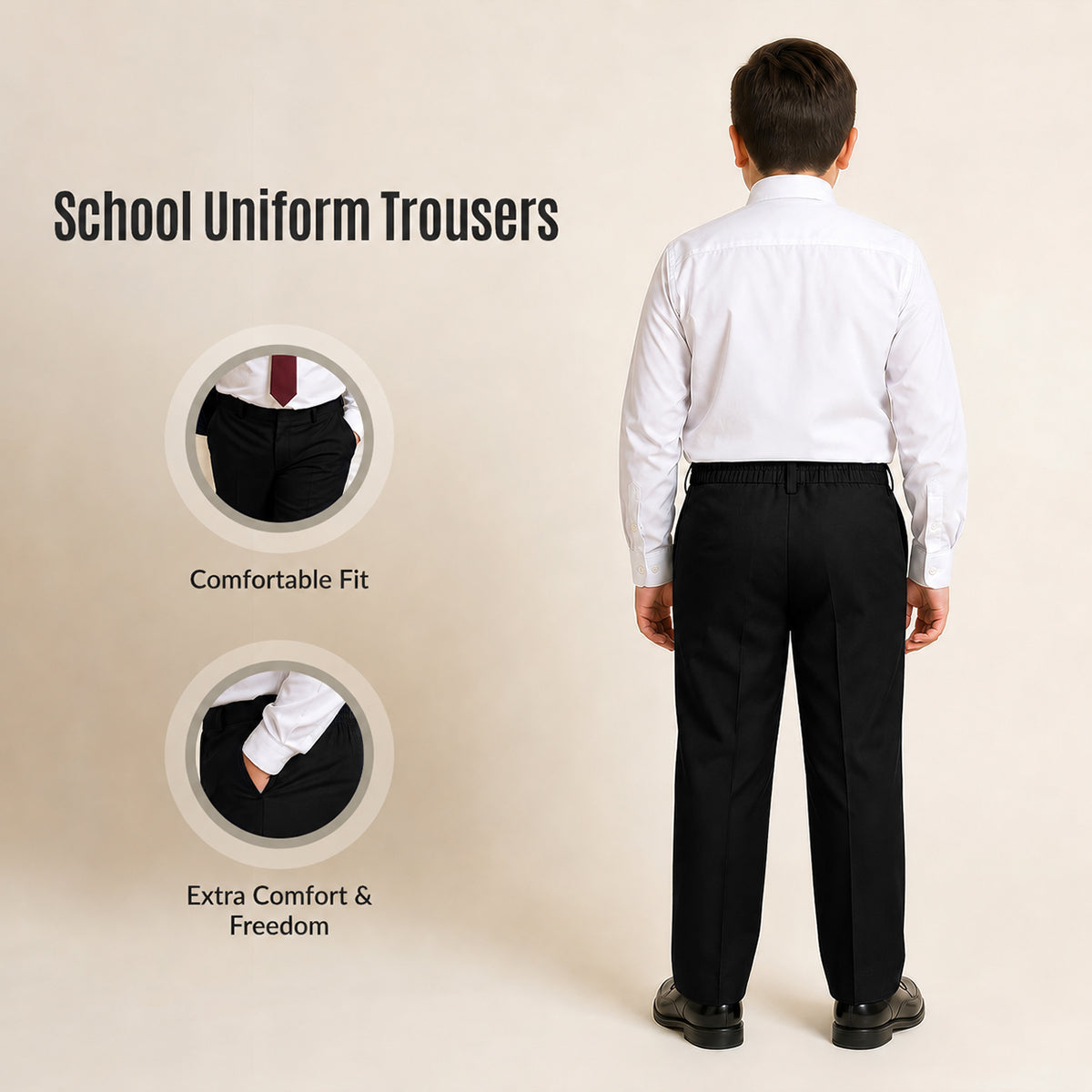 Black Plus Size Half Elastic Pull Up Boys School Trouser