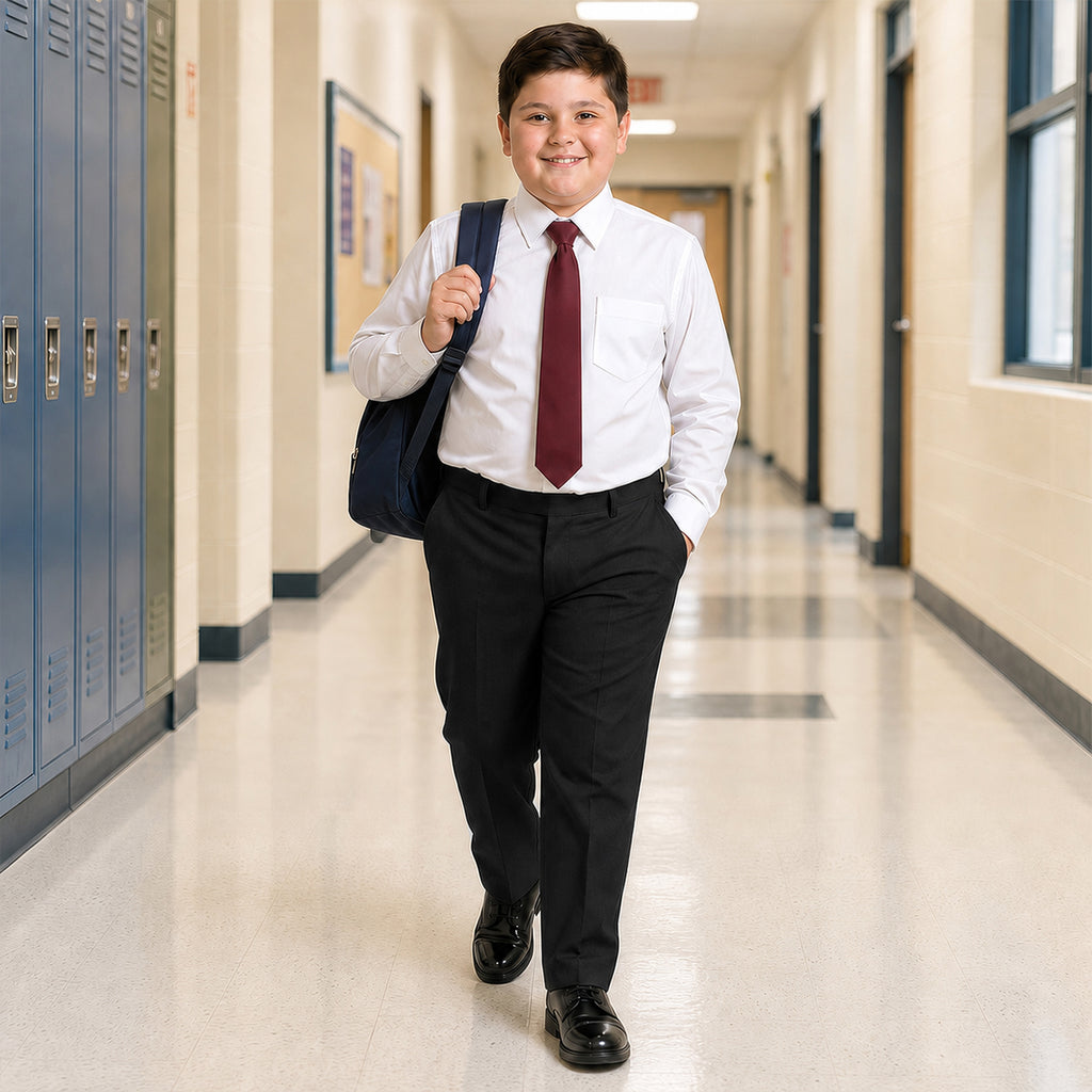 Black Plus Size Half Elastic Pull Up Boys School Trouser