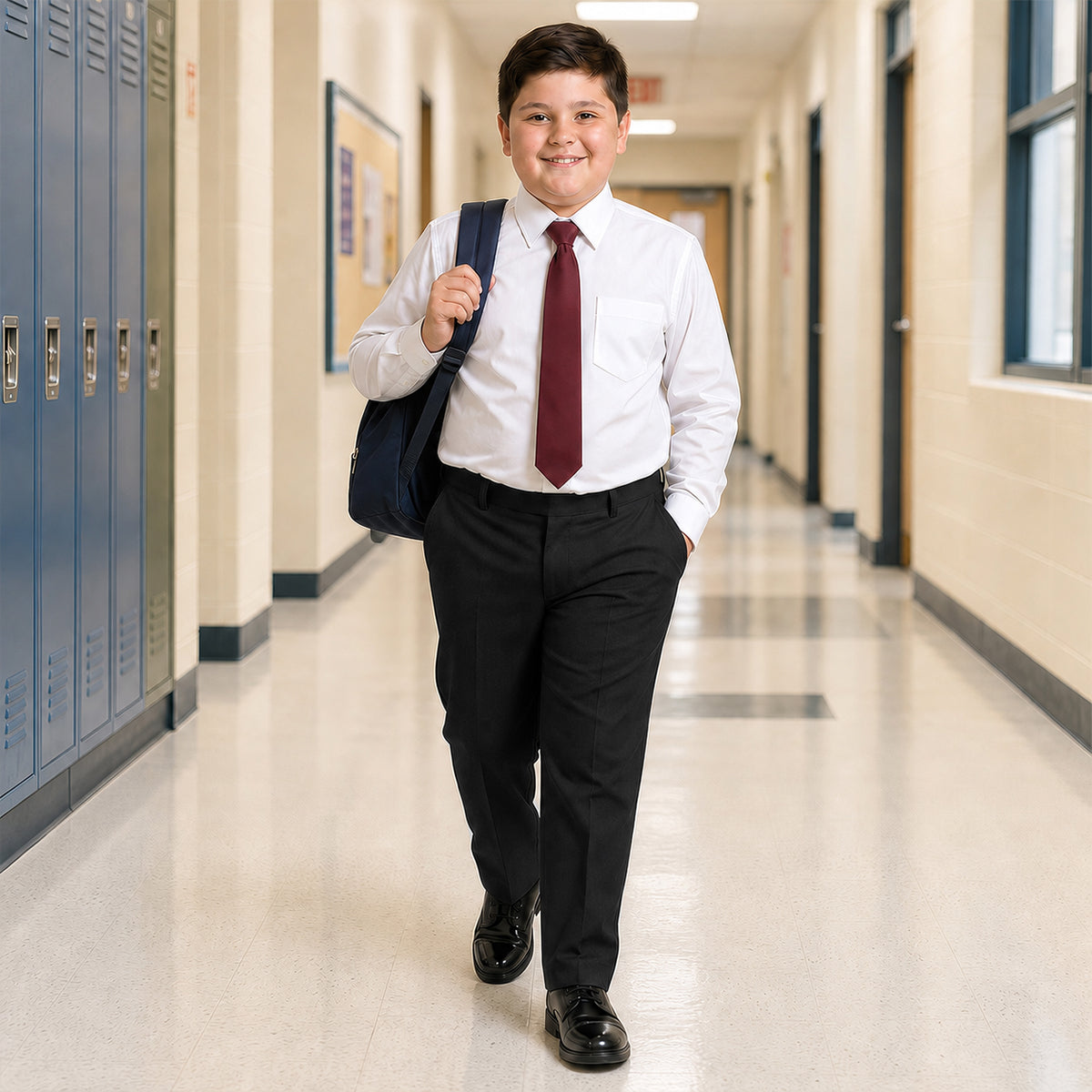 Black Plus Size Half Elastic Pull Up Boys School Trouser
