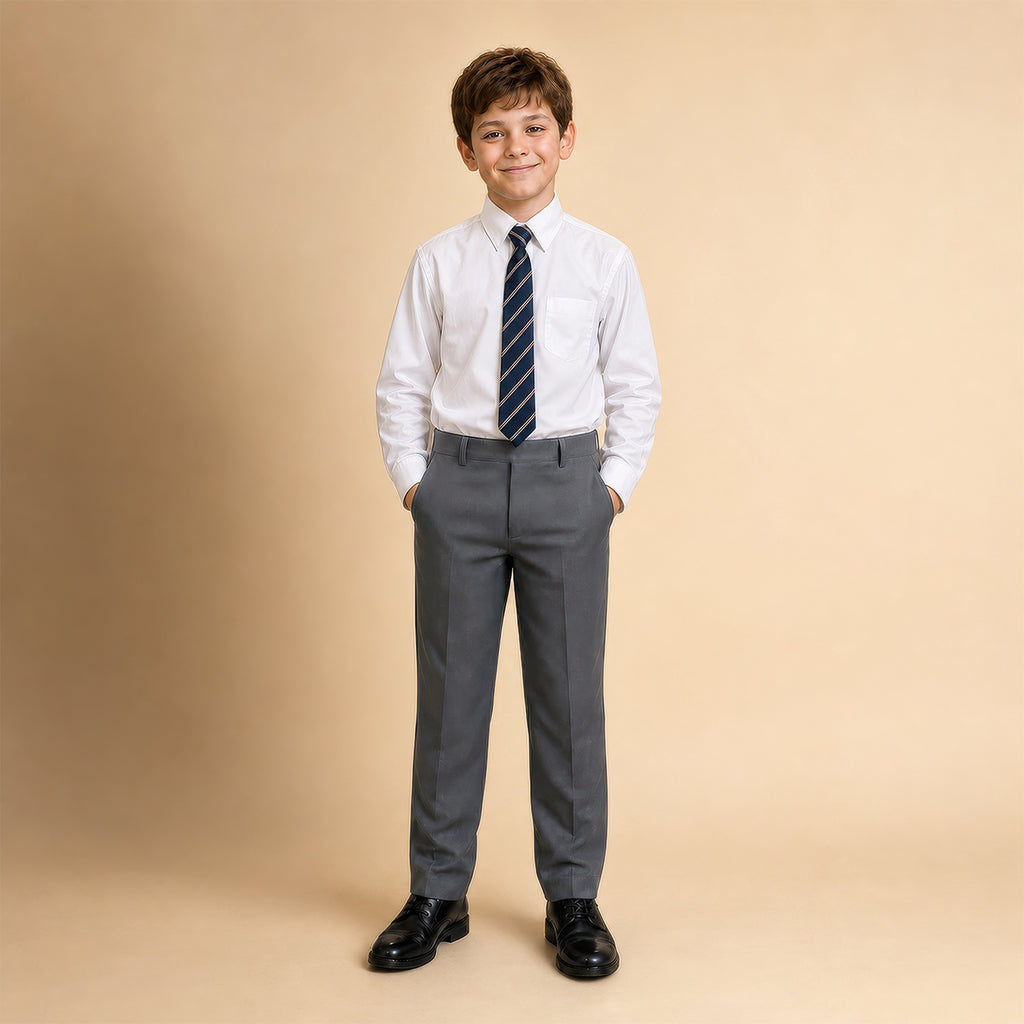Pack of 2 Grey Slim Fit Half Elastic Pull Up Boys School Trousers