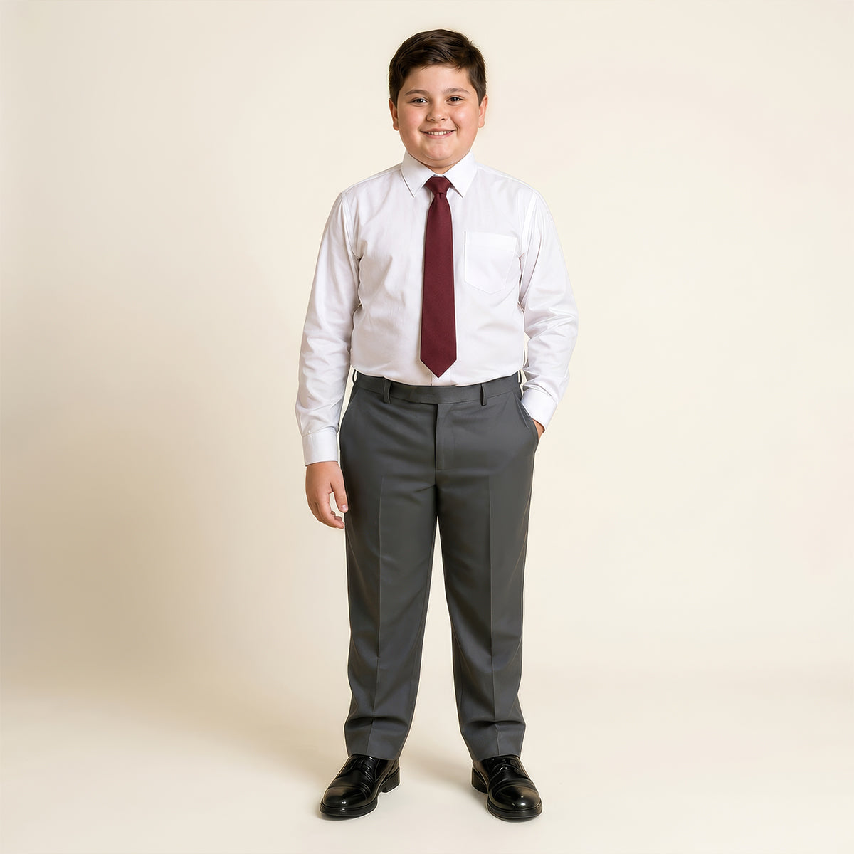 Pack of 2 Grey Plus Size Half Elastic Pull Up Boys School Trousers