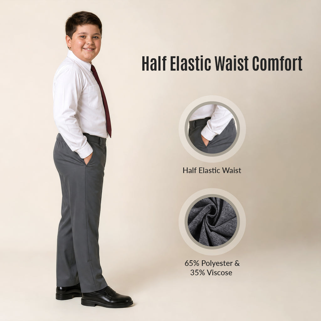 Pack of 2 Grey Plus Size Half Elastic Pull Up Boys School Trousers