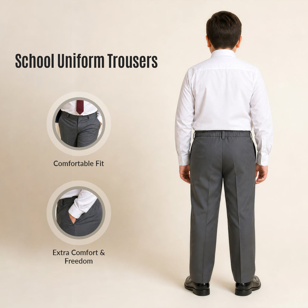 Pack of 2 Grey Plus Size Half Elastic Pull Up Boys School Trousers