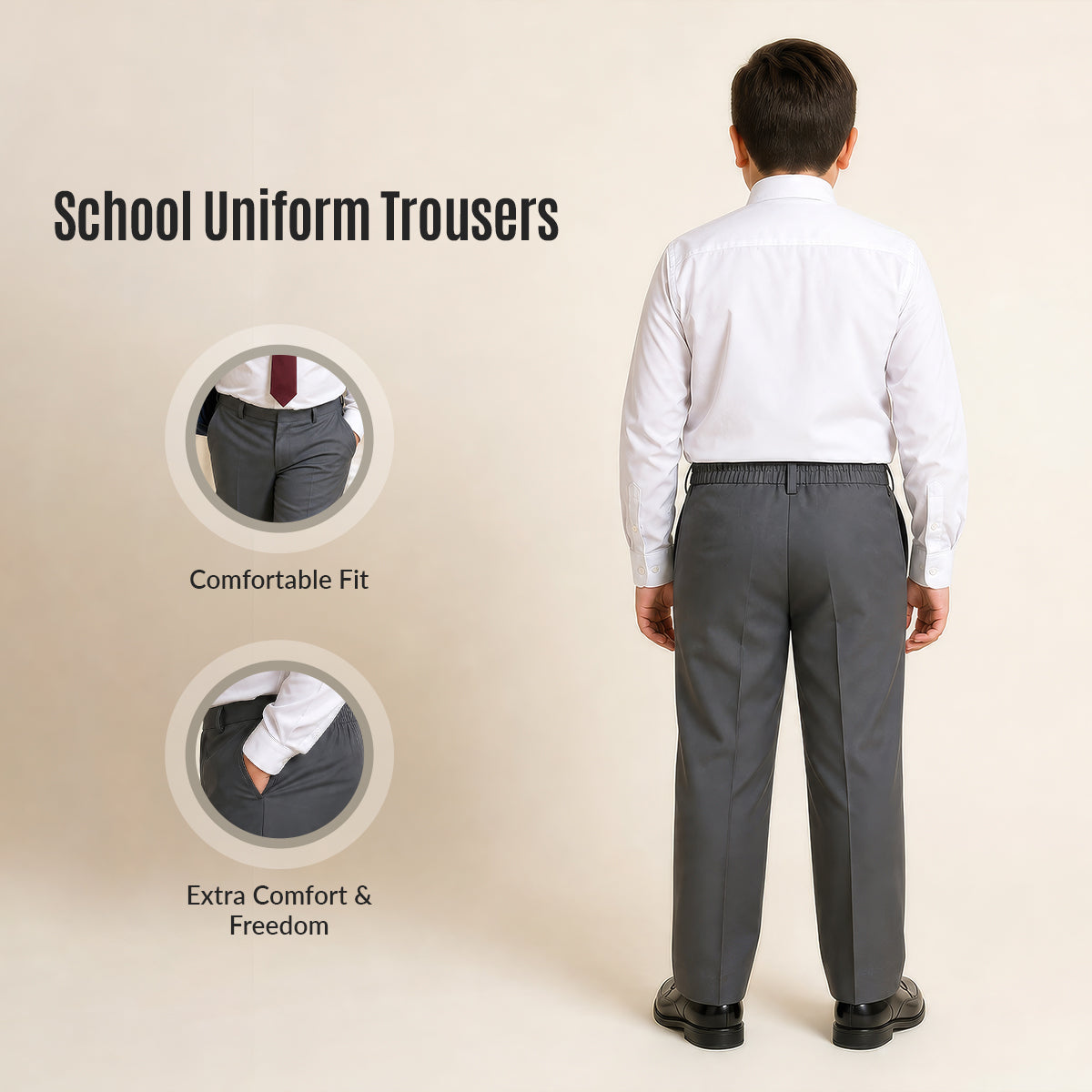 Pack of 2 Grey Plus Size Half Elastic Pull Up Boys School Trousers
