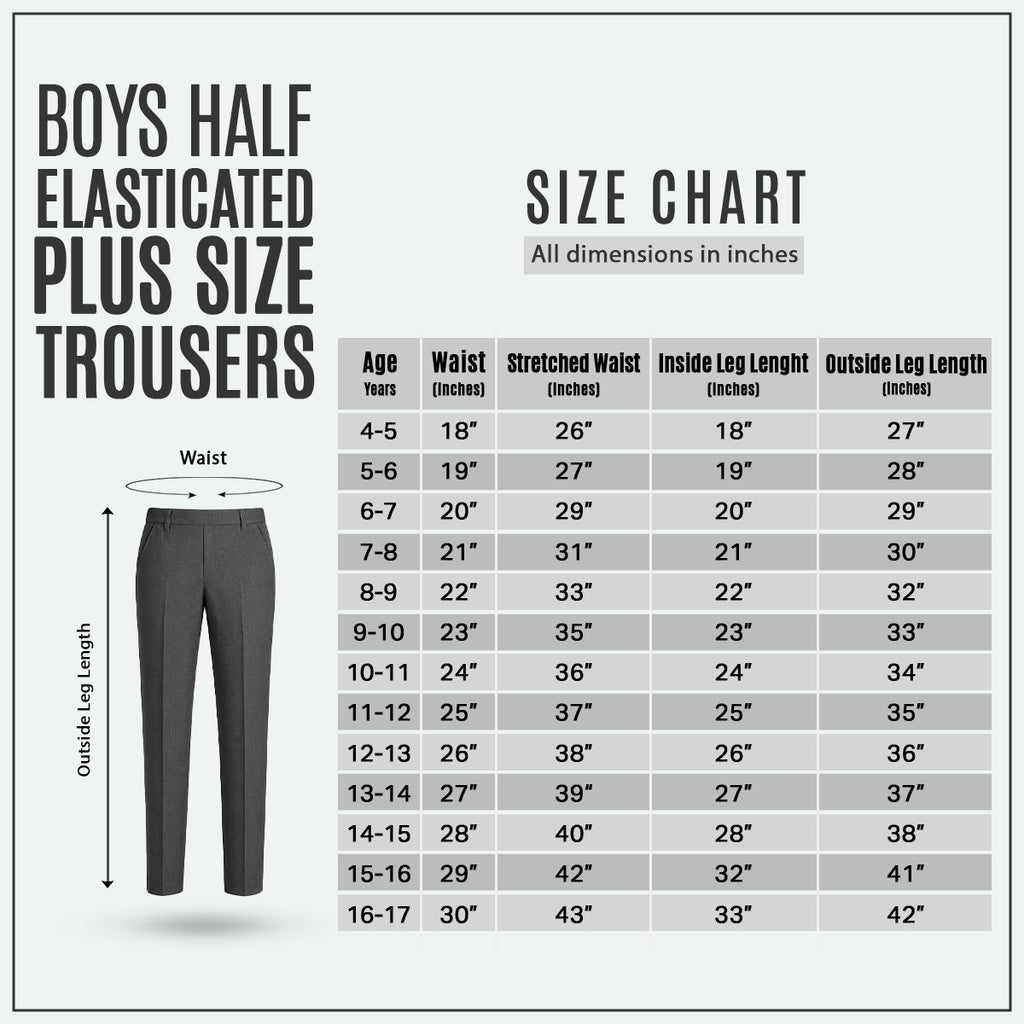 Grey Plus Size Half Elastic Pull Up Boys School Trouser