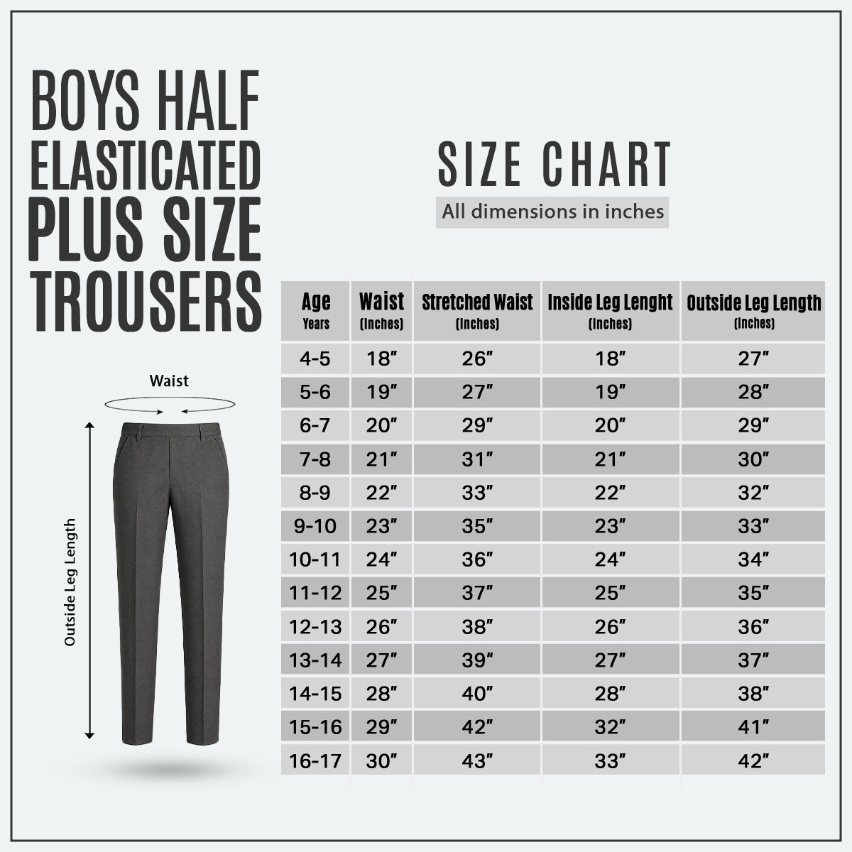 Pack of 2 Grey Plus Size Half Elastic Pull Up Boys School Trousers