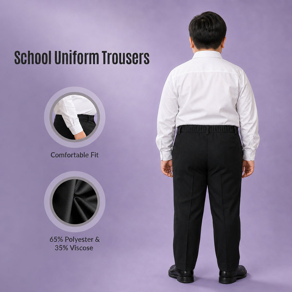 Black Plus Size Half Elastic With Zip & Clip Boys School Trouser
