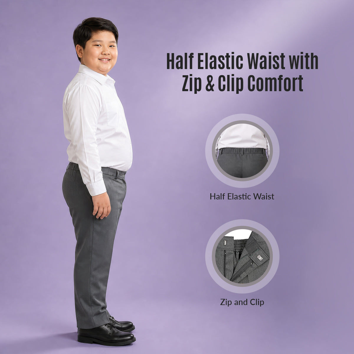 Grey Plus Size Half Elastic With Zip & Clip Boys School Trouser