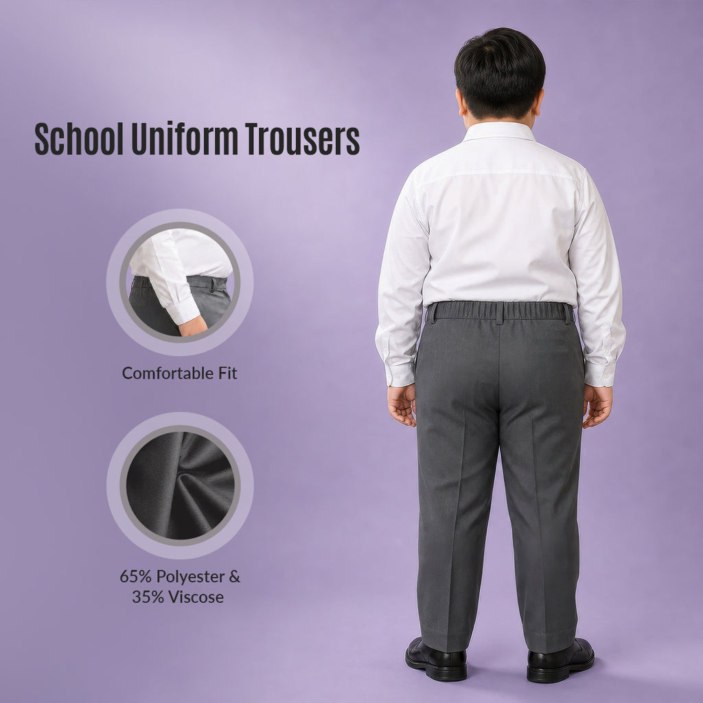 Grey Plus Size Half Elastic With Zip & Clip Boys School Trouser