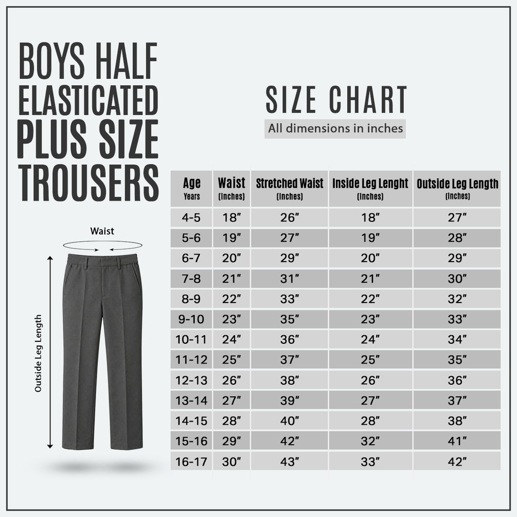 Pack of 2 Grey Plus Size Half Elastic With Zip & Clip Boys School Trousers