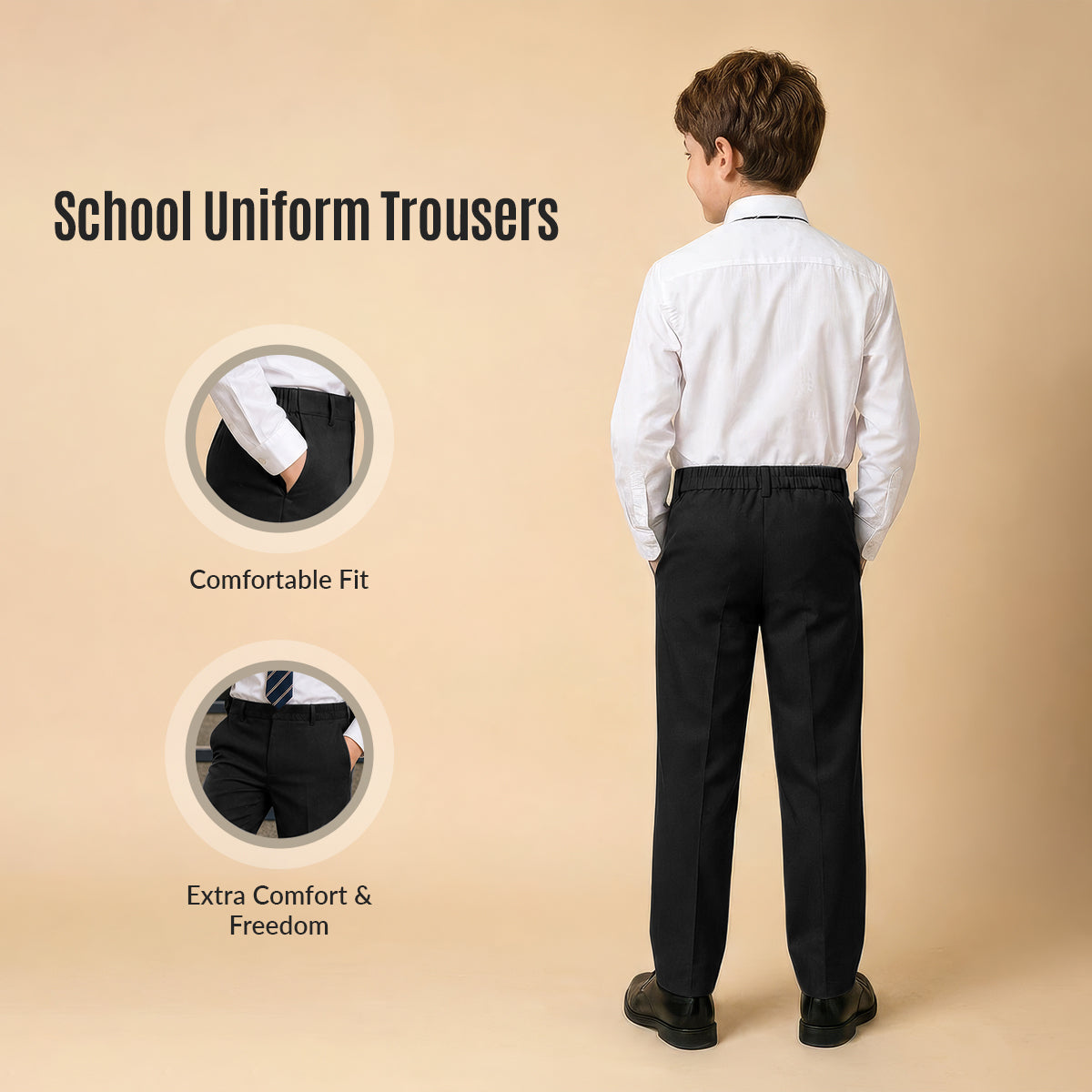 Black Slim Fit Half Elastic Pull Up Boys School Trouser