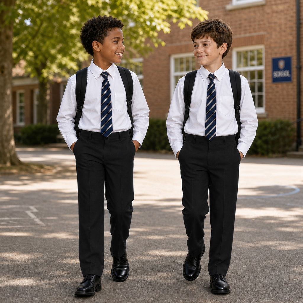 Pack of 2 Black Slim Fit Half Elastic Pull Up Boys School Trousers