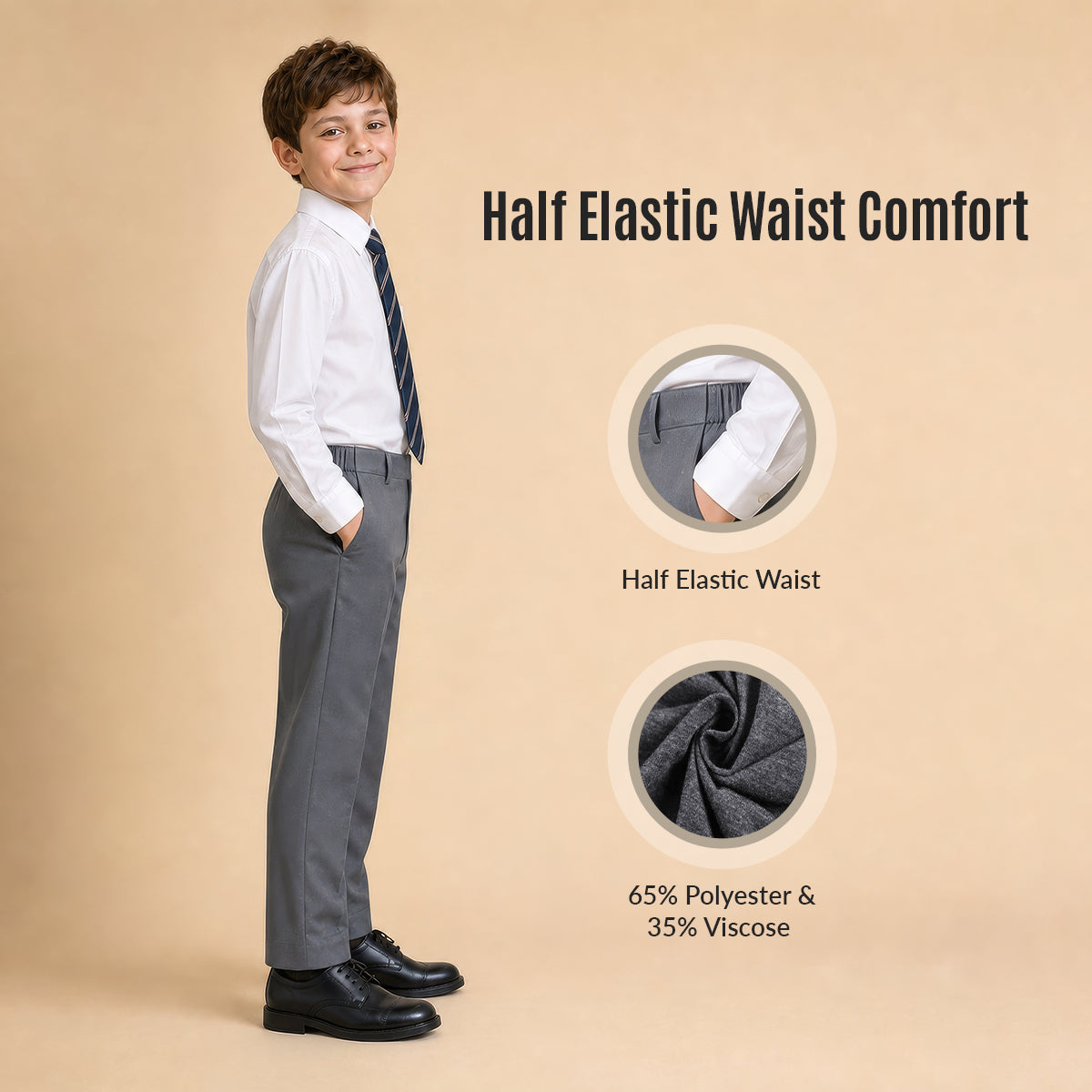 Pack of 2 Grey Slim Fit Half Elastic Pull Up Boys School Trousers