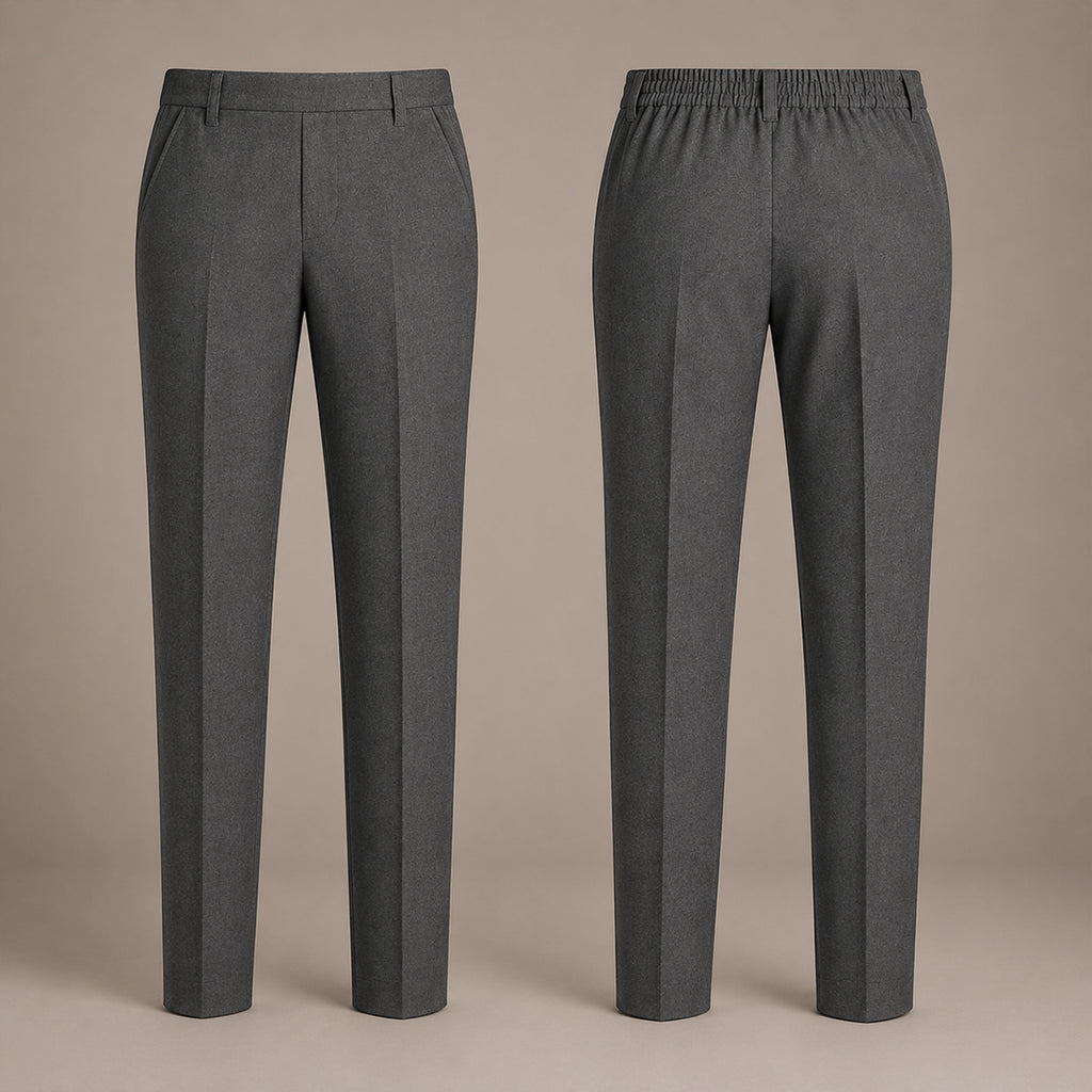 Pack of 2 Grey Slim Fit Half Elastic Pull Up Boys School Trousers