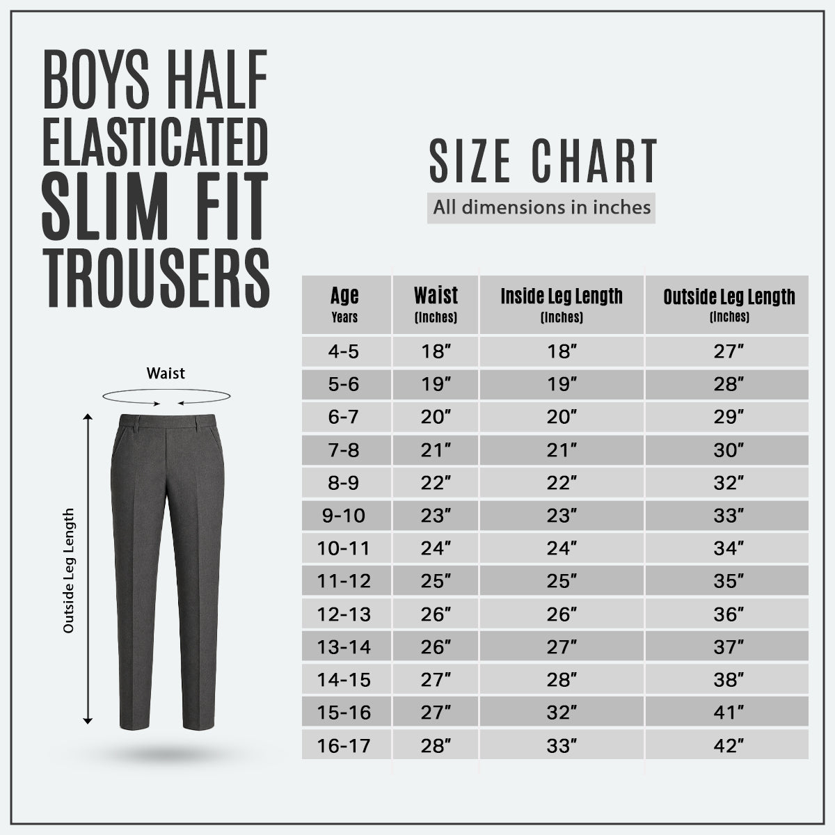 Grey Slim Fit Half Elastic Pull Up Boys School Trouser
