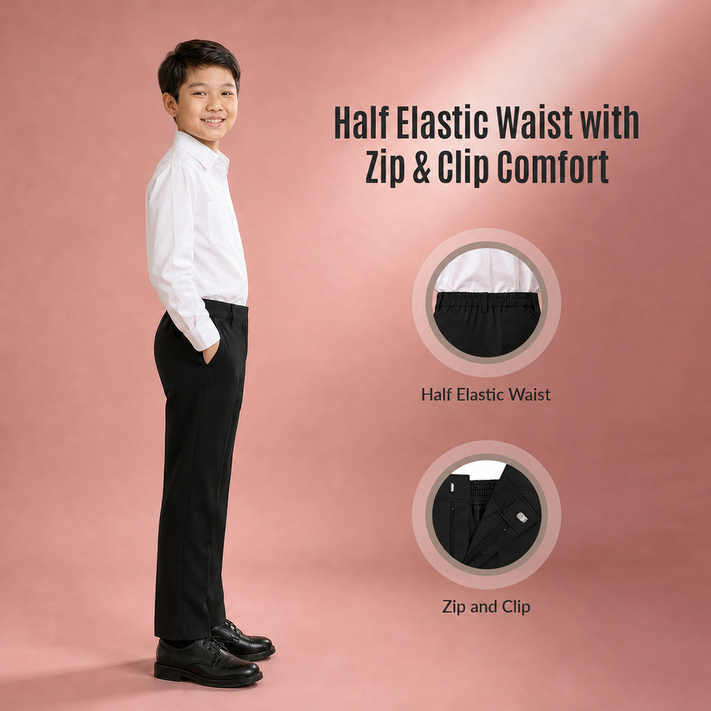 Pack of 2 Black Slim Fit Half Elastic With Zip & Clip Boys School Trousers