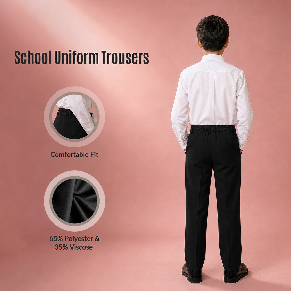 Pack of 2 Black Slim Fit Half Elastic With Zip & Clip Boys School Trousers