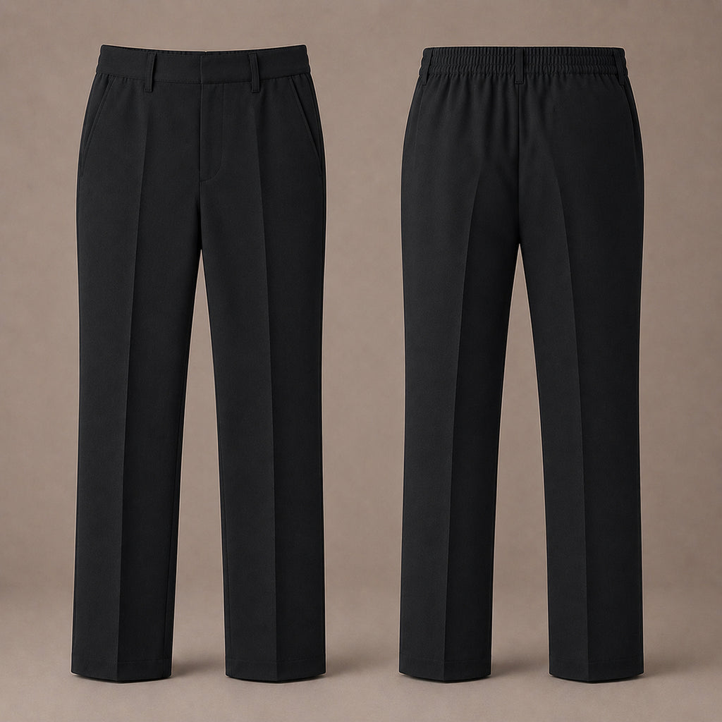 Pack of 2 Black Slim Fit Half Elastic With Zip & Clip Boys School Trousers