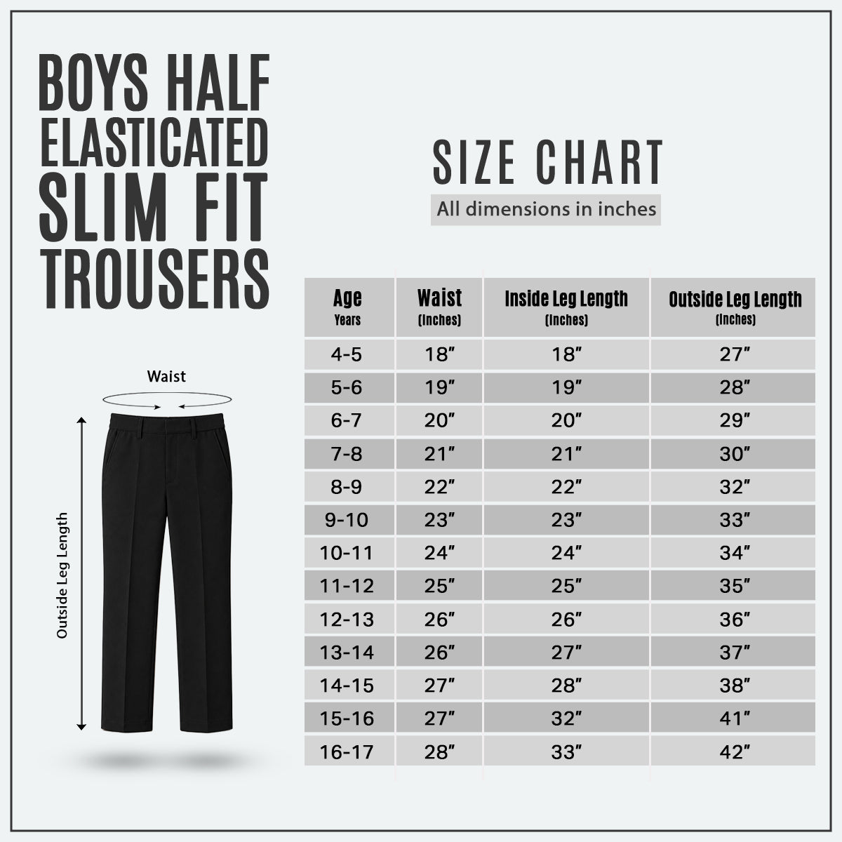Pack of 2 Black Slim Fit Half Elastic With Zip & Clip Boys School Trousers
