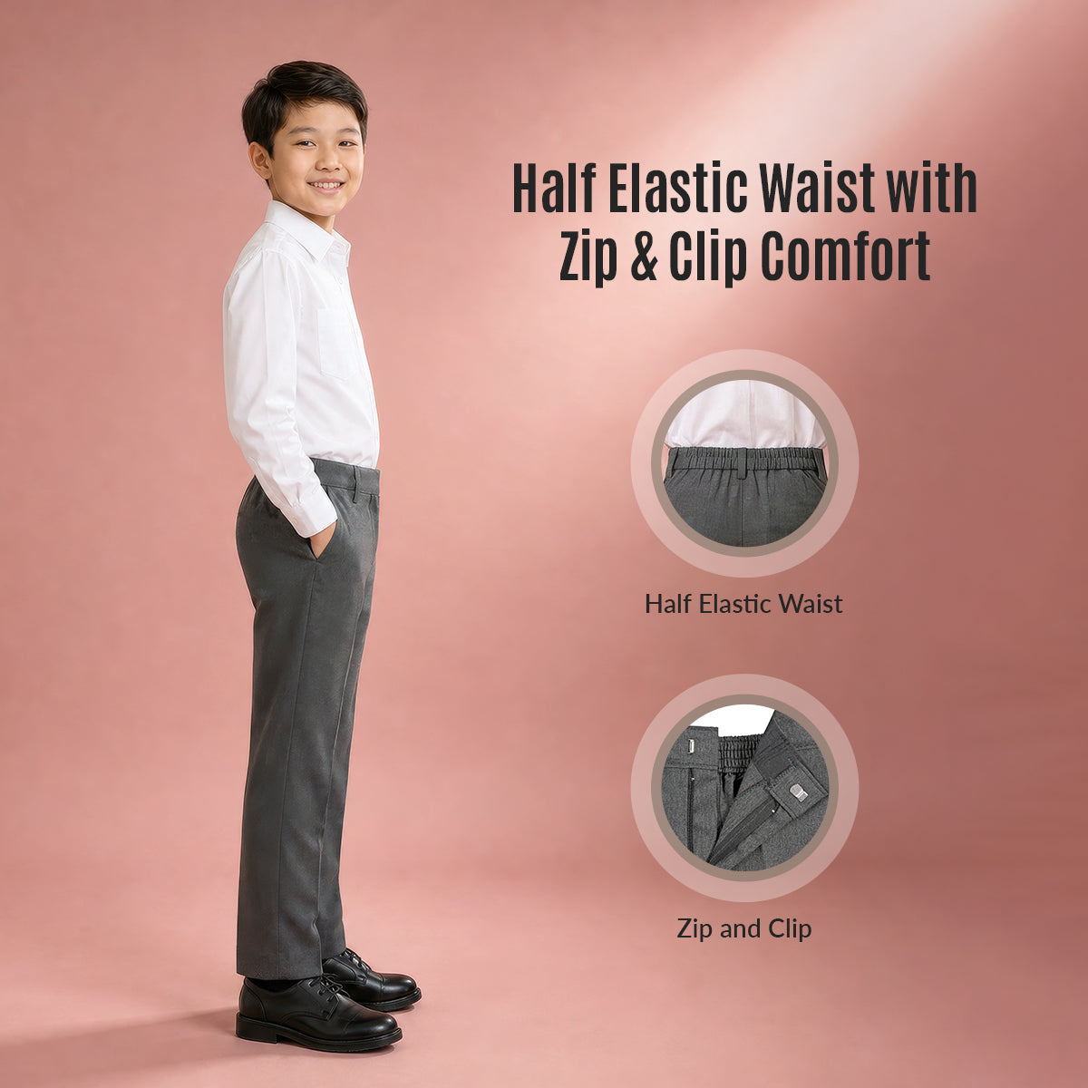 Grey Slim Fit Half Elastic With Zip & Clip Boys School Trouser
