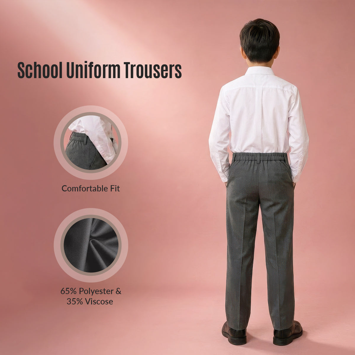 Grey Slim Fit Half Elastic With Zip & Clip Boys School Trouser