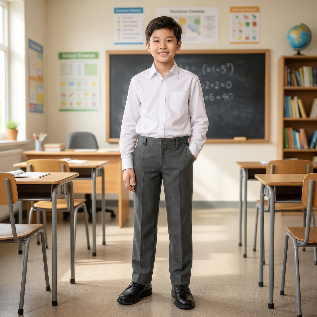 Grey Slim Fit Half Elastic With Zip & Clip Boys School Trouser