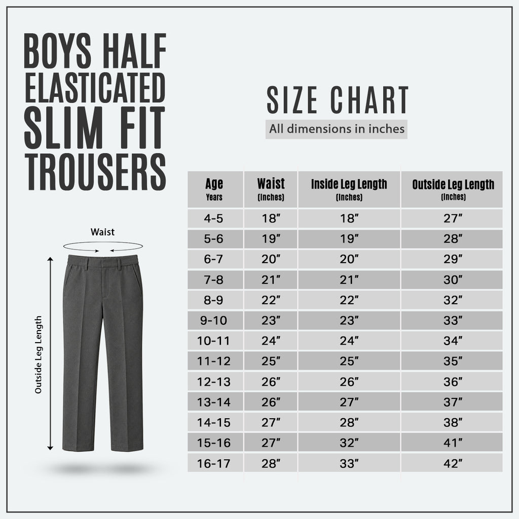 Grey Slim Fit Half Elastic With Zip & Clip Boys School Trouser
